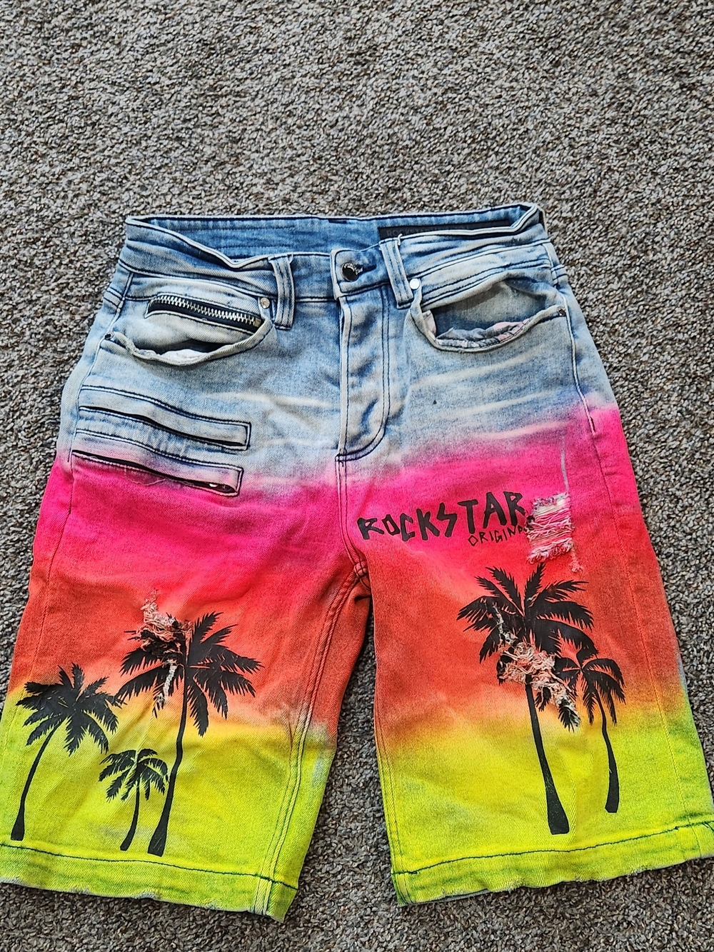 Rockstar Originals Men's Gradient Palm Print Jean Shorts - Pink/Orange/Yellow